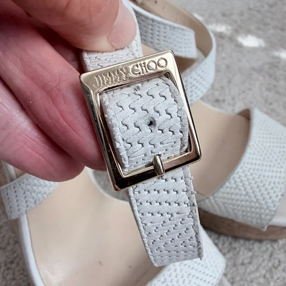 Jimmy Choo White Woven Leather Portia Cork Wedge Platform Sandals Sz 38.5 US 8.5 - Picture 6 of 11